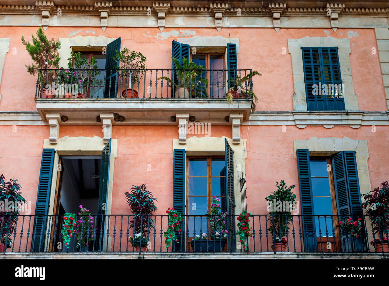 Colourful Building Exterior, Alcudia Old Town, Mallorca Spain Stock