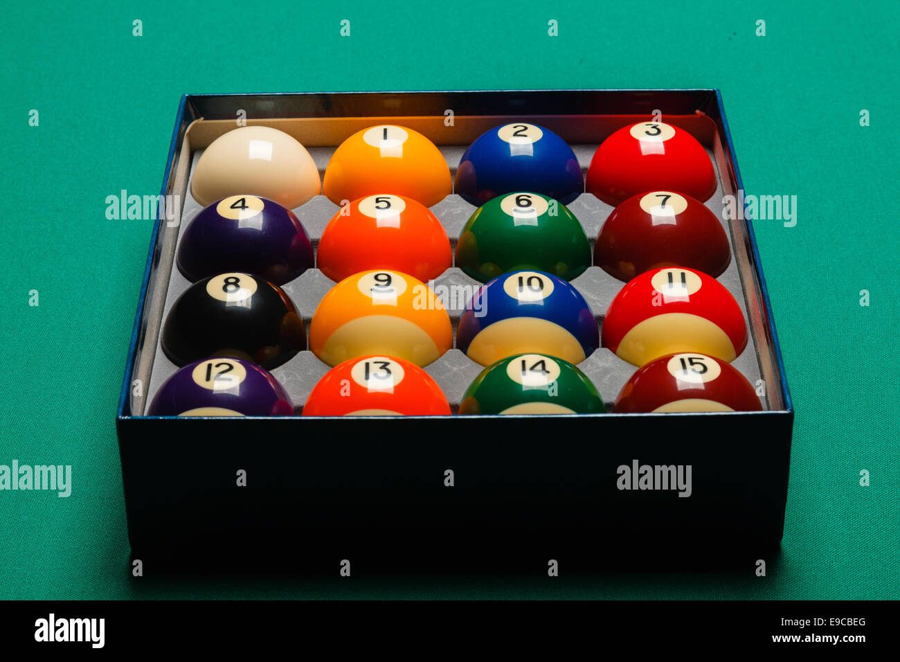 Top view of a full set of snooker balls inside an box Stock Photo