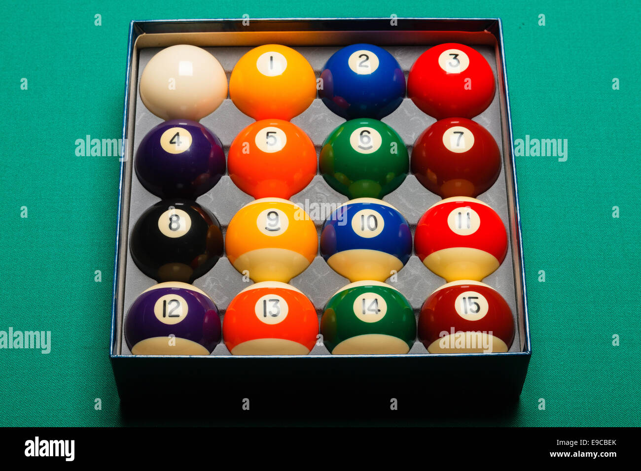 Top view of a full set of snooker balls inside an box Stock Photo