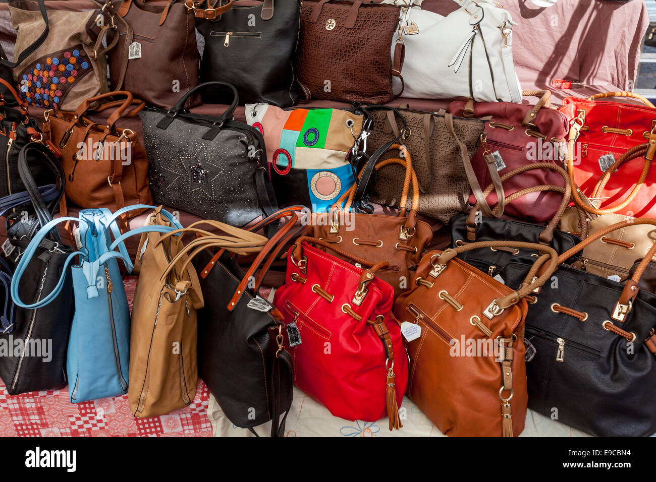 Leather Handbags For Sale At The Thursday Market In Inca, Mallorca - Spain  Stock Photo - Alamy