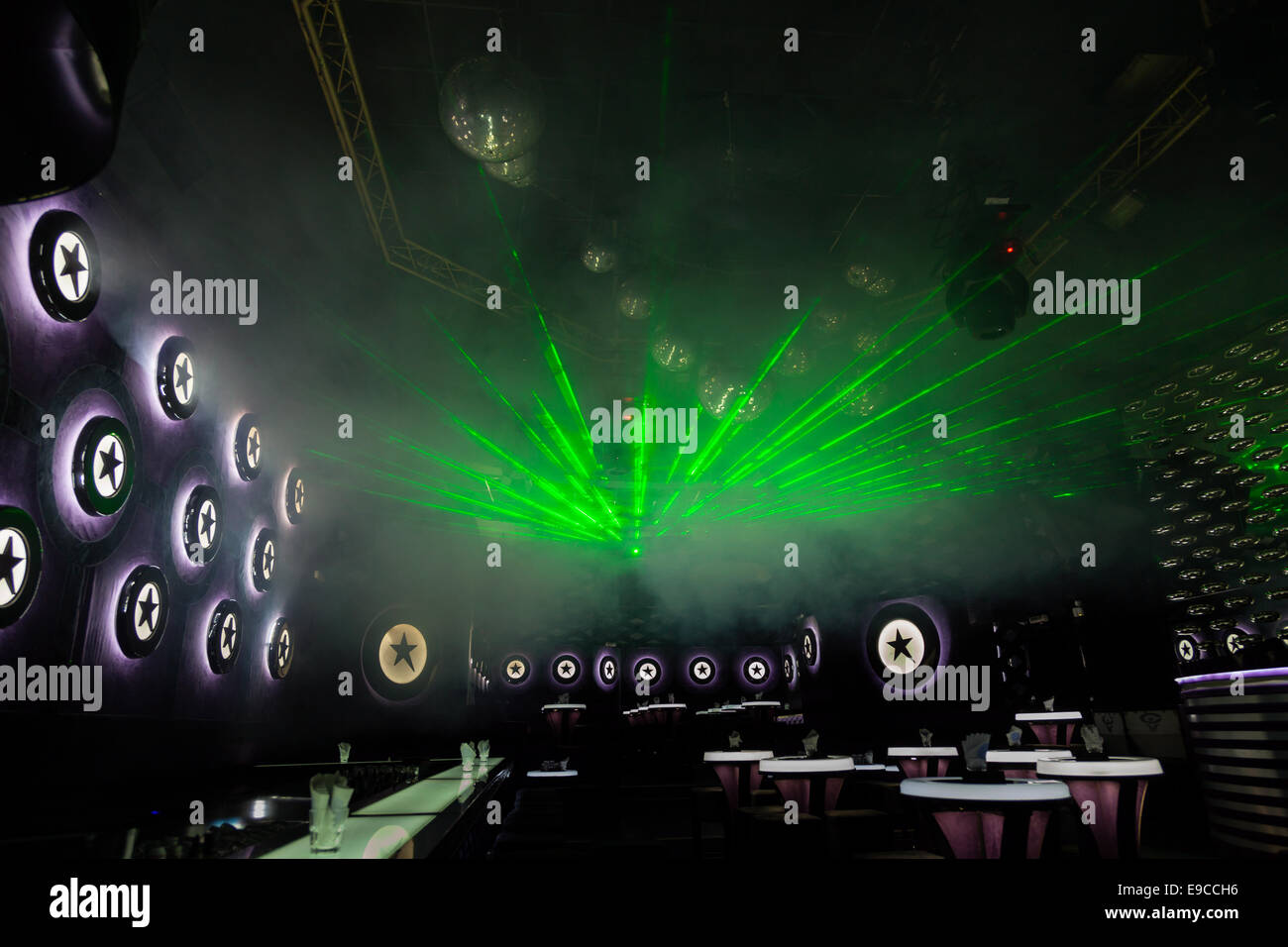 Disco light show, Stage lights with laser Stock Photo Alamy