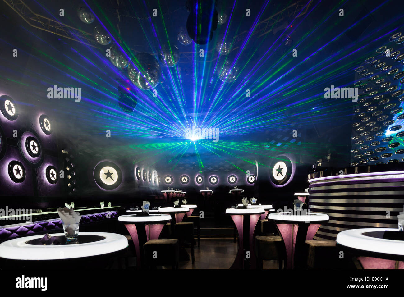 Disco light show, Stage lights with laser Stock Photo Alamy