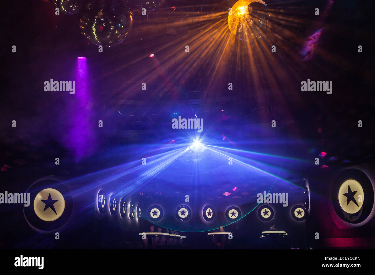 Disco light show, Stage lights with laser Stock Photo Alamy