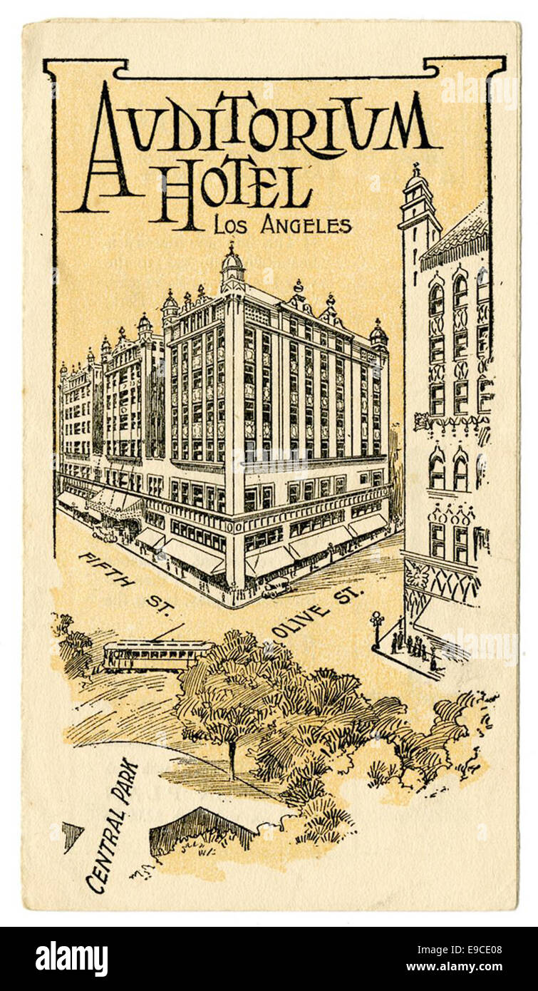 A cover of an advertisement for the Auditorium Hotel in Los Angeles ...