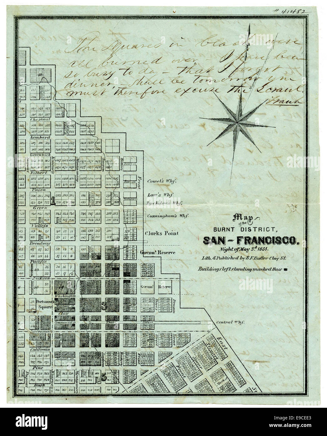 Map of the burnt district, San Francisco. Night of May 3d. 1851. Stock Photo