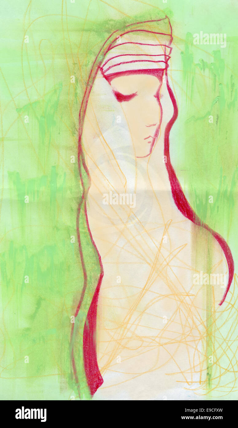 Girl in green, original pastel sketch. Stock Photo