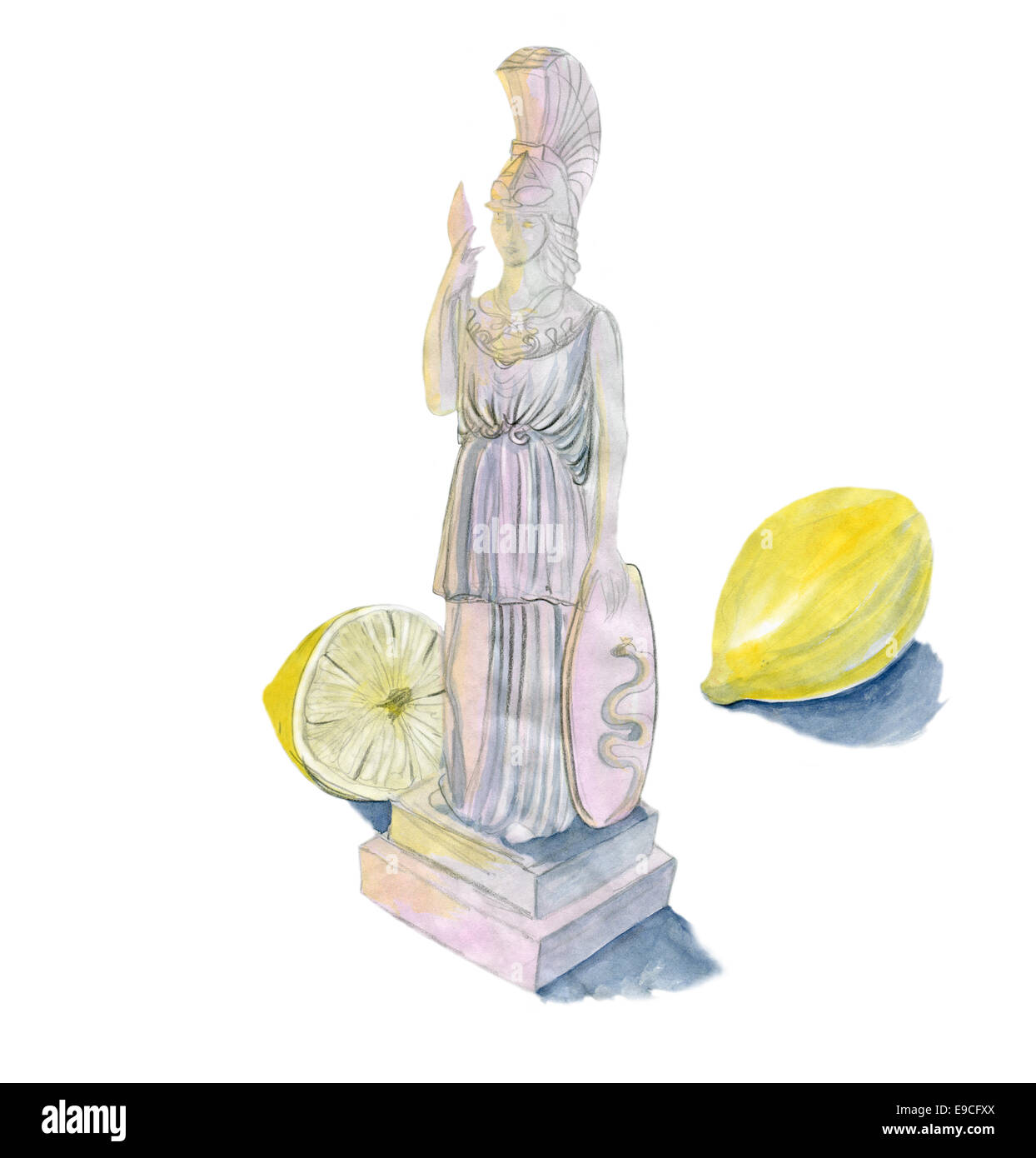 Pallas Athena and lemons, original watercolor sketch, isolated on white. Stock Photo