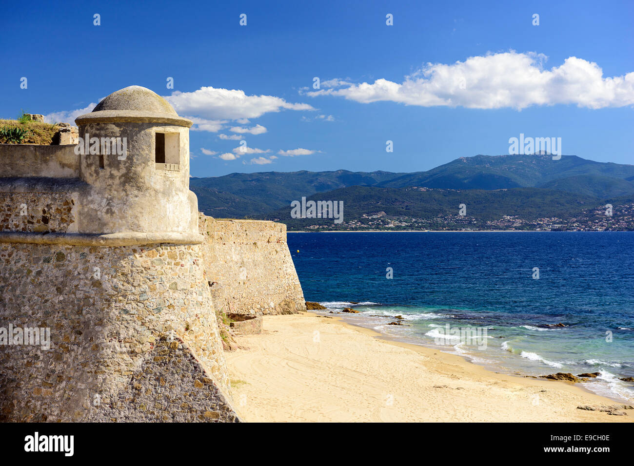 Corsica, France Citadel Miollis on the Beach. Stock Photo