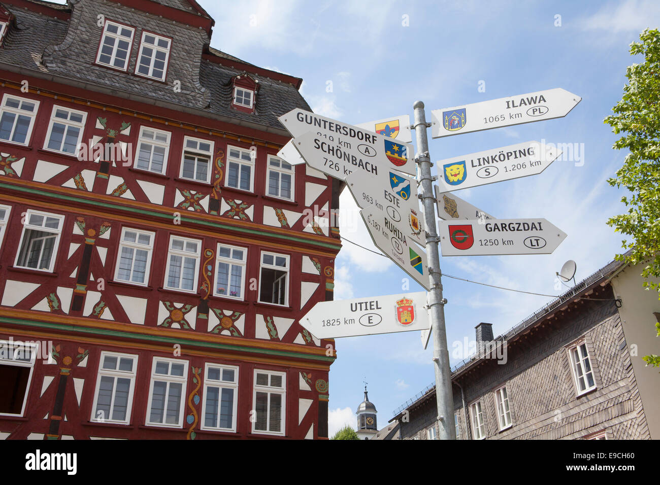 City hall, Buttermarkt butter market, Signpost, partner cities, historic old town of Herborn, Hesse, Germany, Europe Stock Photo