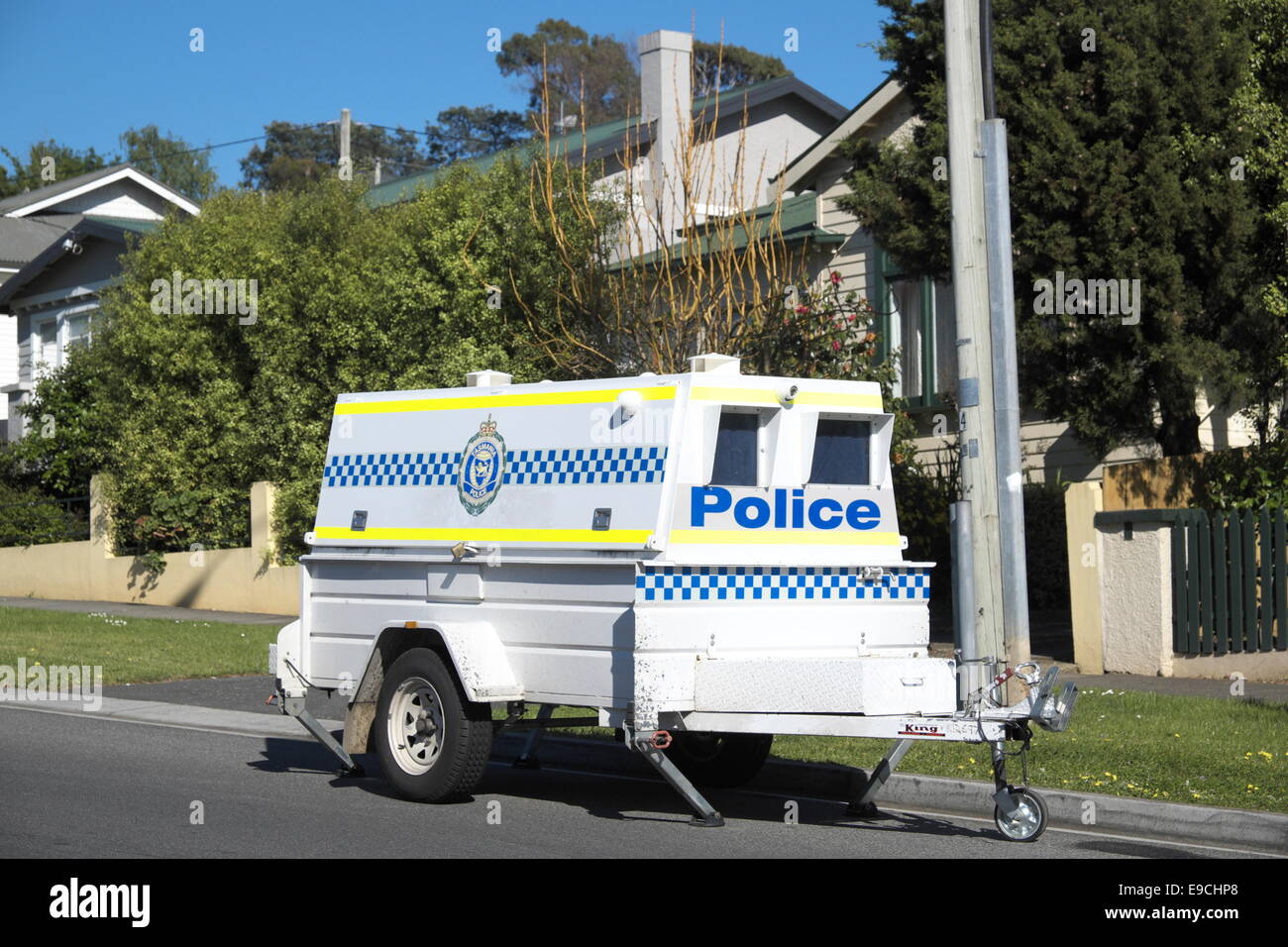 tasmania police remove speed camera hidden inside a police marked trailer,launceston,Tasmania Stock Photo