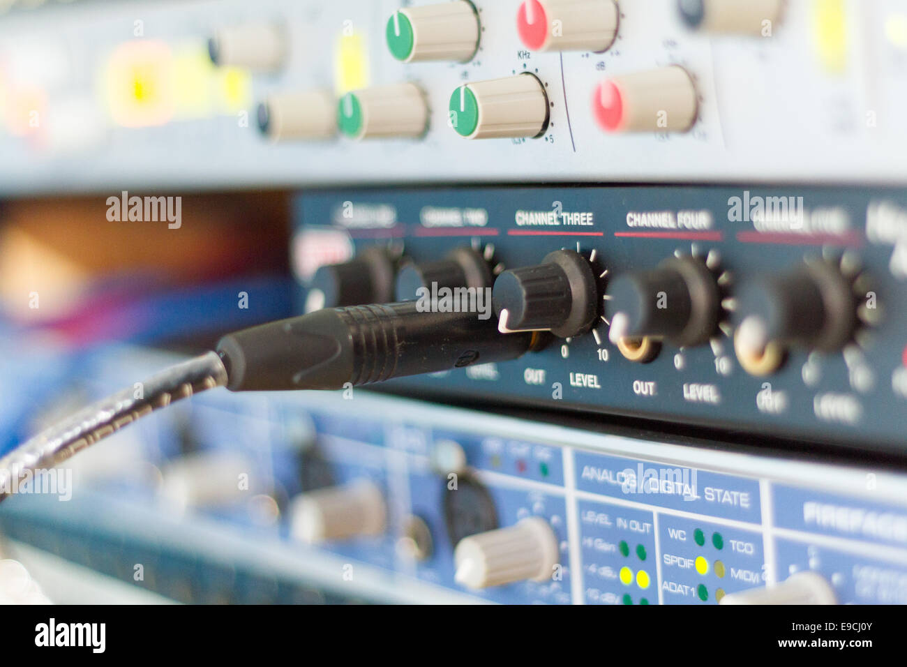 Recoring audio production equipment at a recording studio, closeup