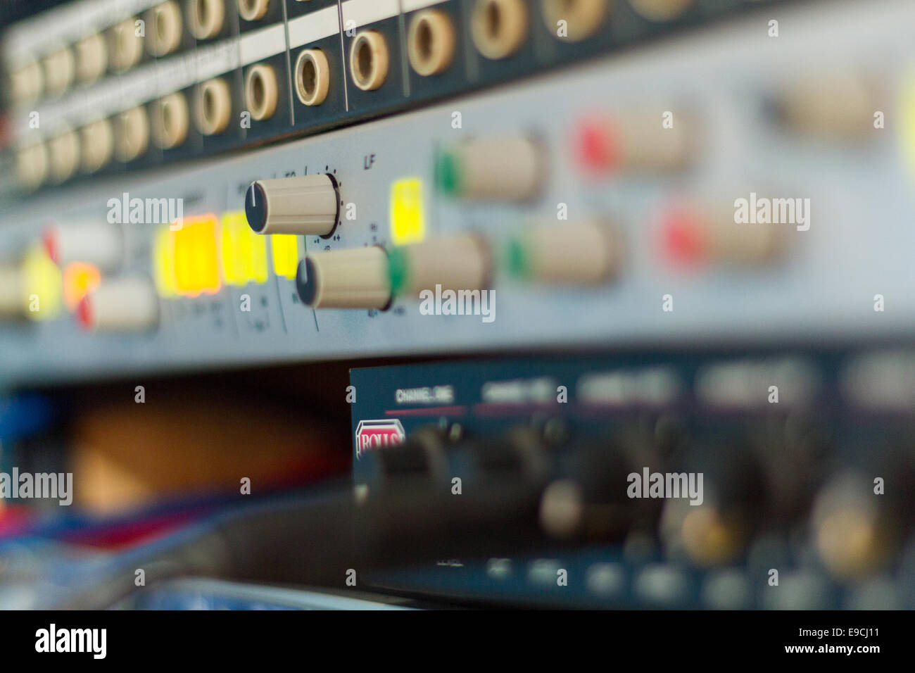 Recoring audio production equipment at a recording studio, closeup