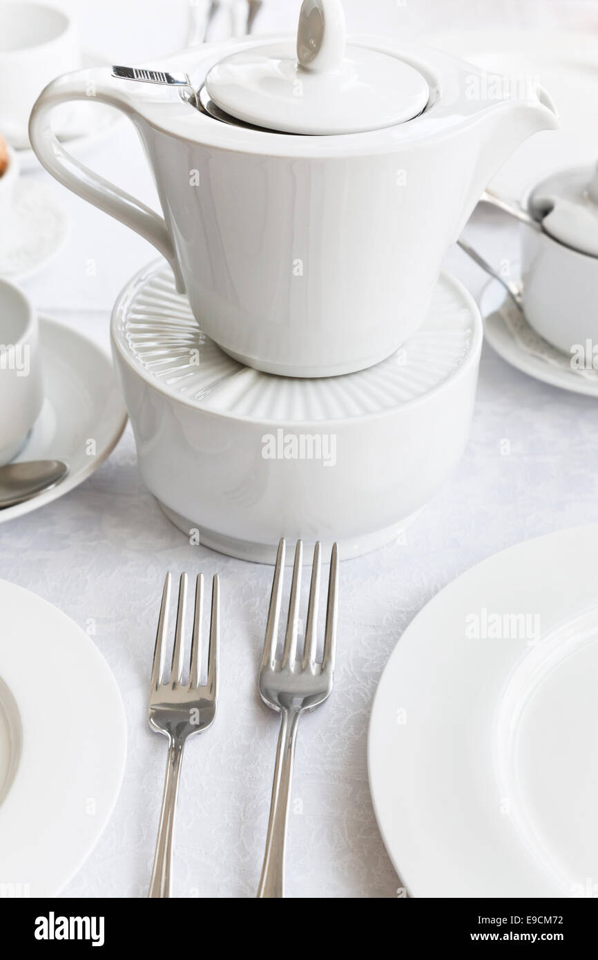 white porcelain tea set teapot, saucer, cup Stock Photo Alamy