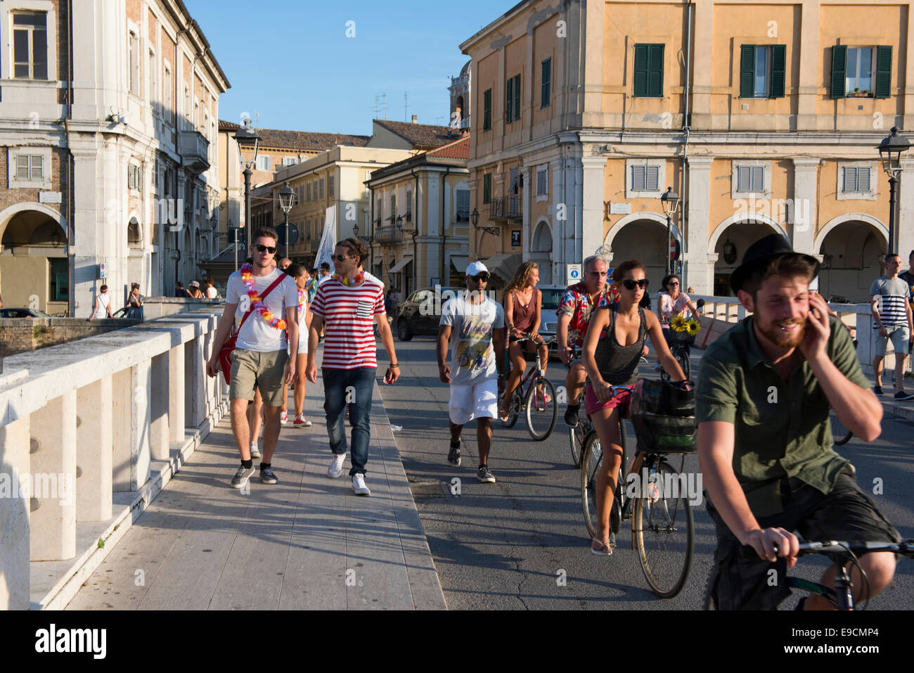 People, Bridge, River, Street, Fiume Misa, traffic, Summer Jamboree 2014, City, historic, italian, overview, view, Adriatic, Sea Stock Photo
