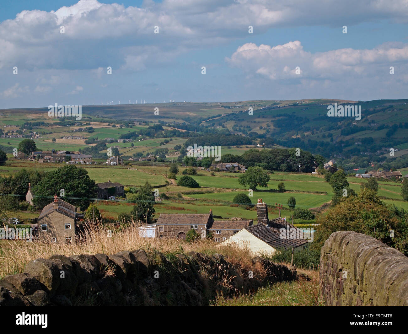 View looking north from Sowerby over the Calder Valley towards Luddenden and the moors beyond, Calderdale, West Yorkshire. Stock Photo