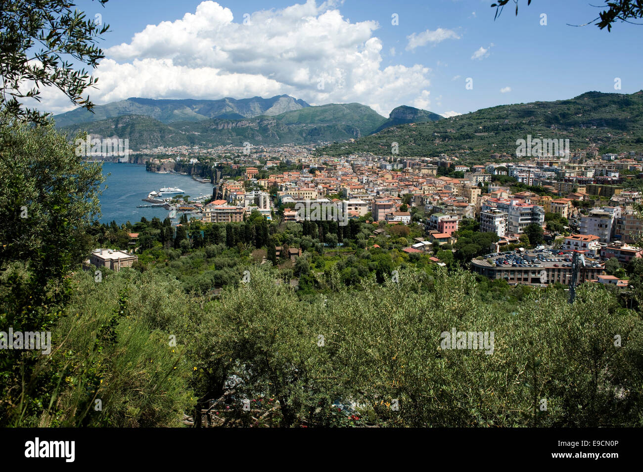 View over Sorrento look through trees and foliage above the town to the coastline and hills on the south side of the Bay of Napl Stock Photo