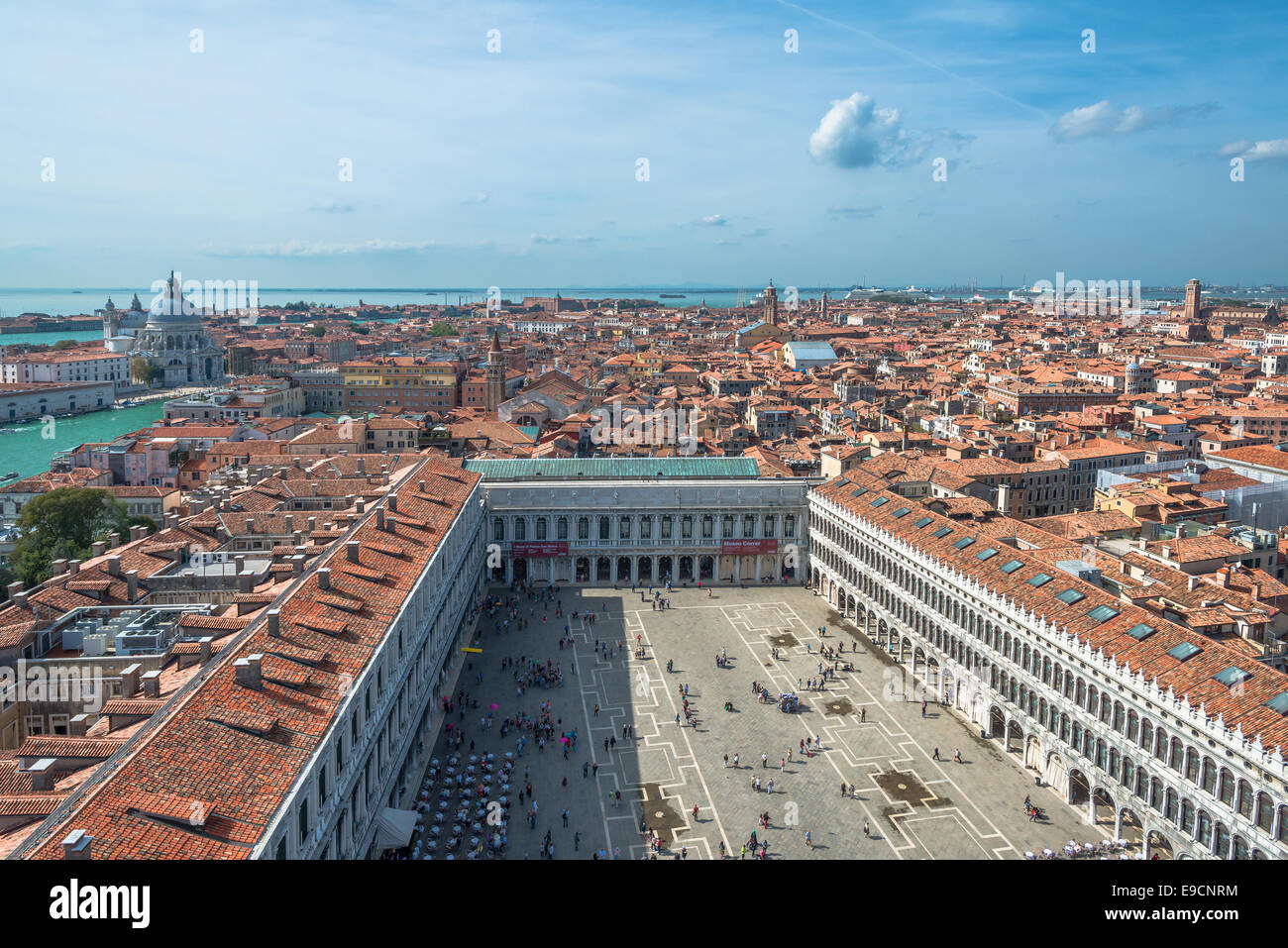 Panoramic aerial view of Venice and Piazza San Marco from St. Mark Campanile bell tower Stock Photo