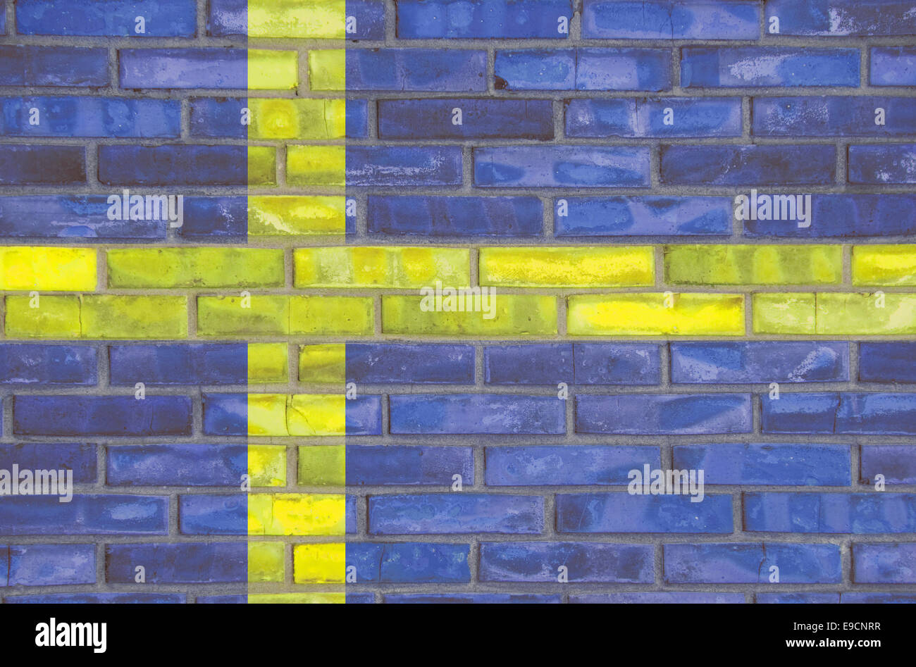 brick wall with the flag of Sweden drawn, perfect for a beautiful background Stock Photo