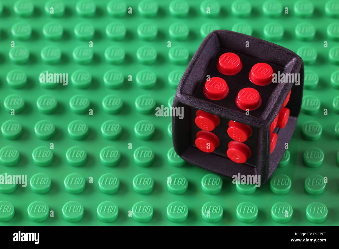 Tambov, Russian Federation May 08, 2013 LEGO Cube on a green baseplate. Studio shot Stock Photo - Alamy