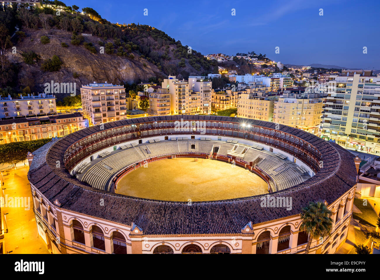 Malaga, Spain cityscape and bullring at Plaza del Toros. Stock Photo