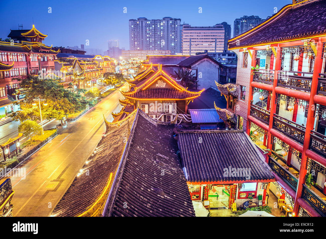 Chengdu, China cityscape above Qintai Road. Stock Photo