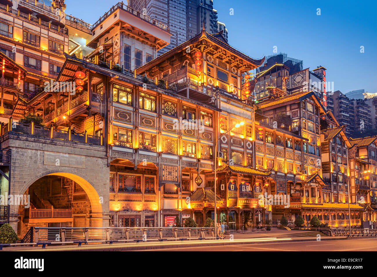 Chongqing, China at Hongyadong Hillside Buildings at twilight. Stock Photo