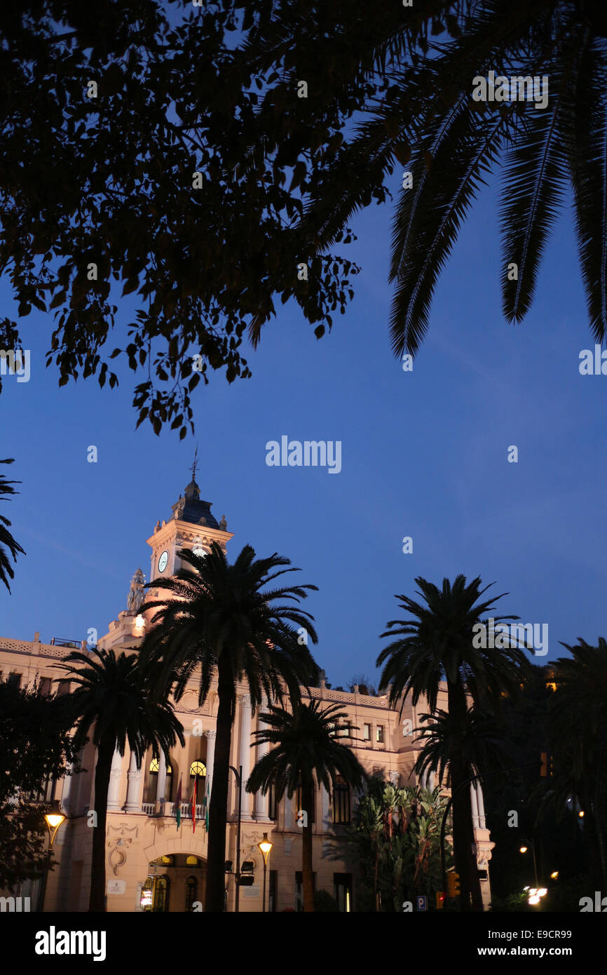 Malaga city council building and silhouette of palm trees at night