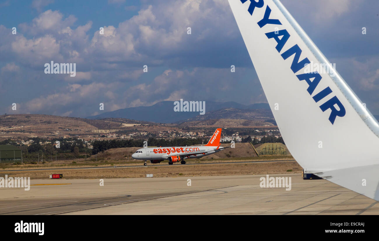 Onboard an Ryanair Boeing 737800 taking off from Paphos Cyprus Stock