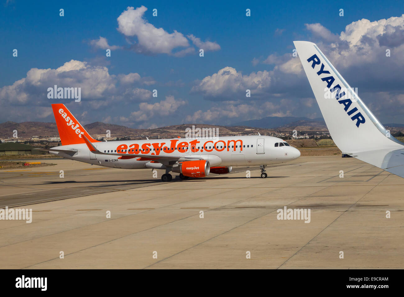 Onboard an Ryanair Boeing 737800 taking off from Paphos Cyprus Stock