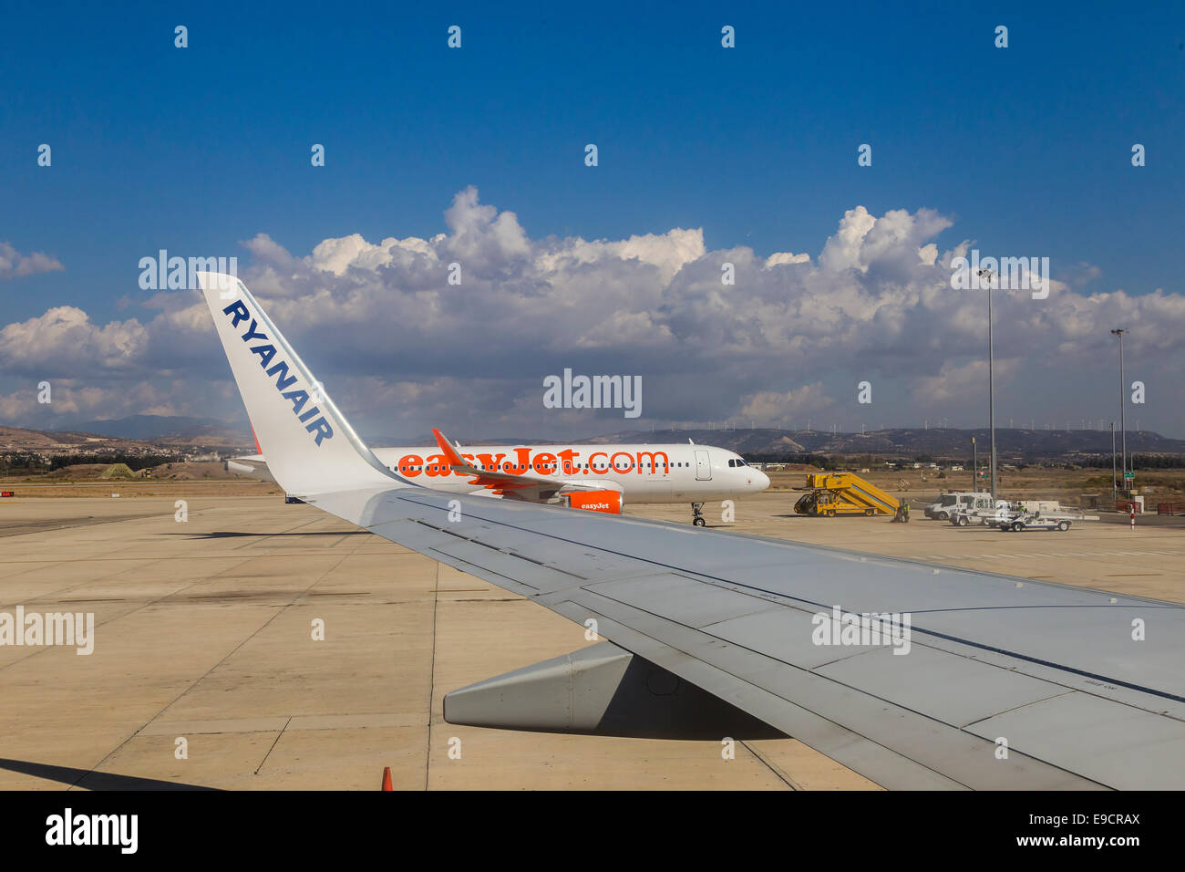 Onboard an Ryanair Boeing 737800 taking off from Paphos Cyprus Stock