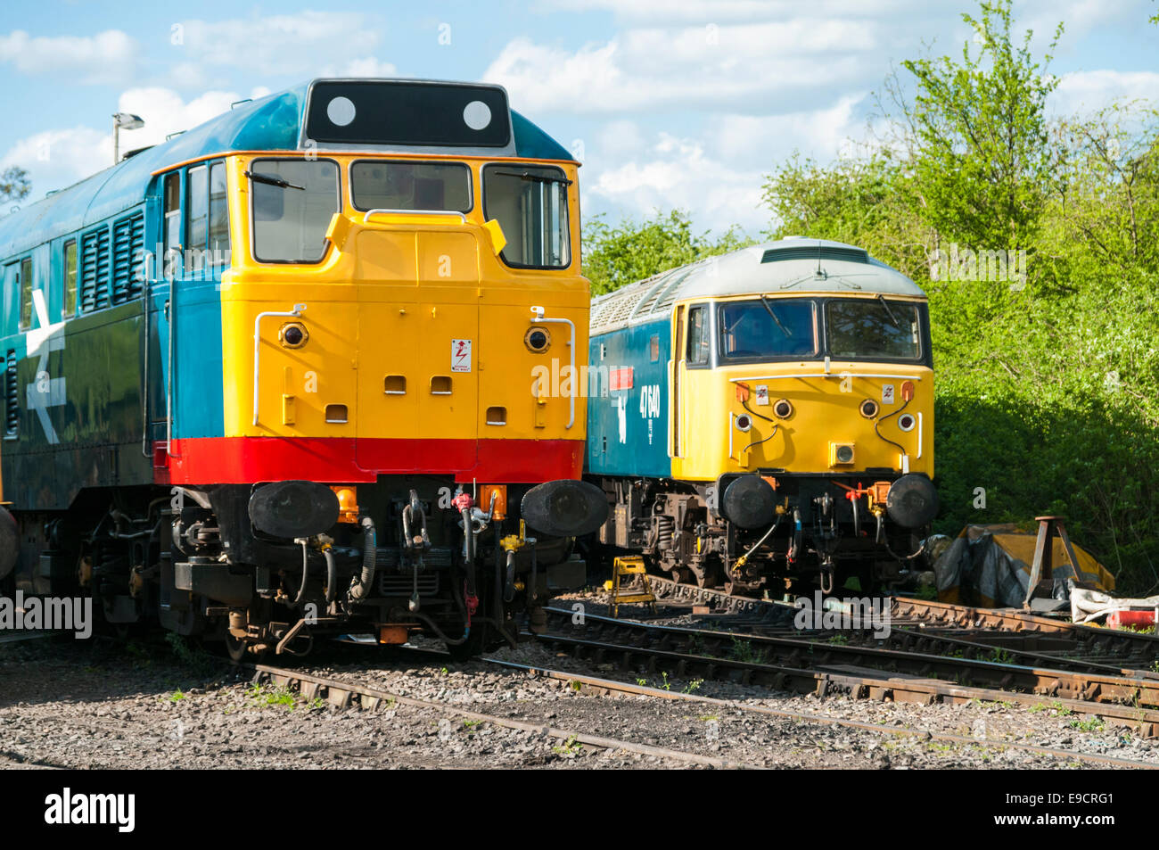 Class 31 and Class 47 diesel locos stand at Shackerstone on the Battlefield preserved railway in Leicestershire Stock Photo