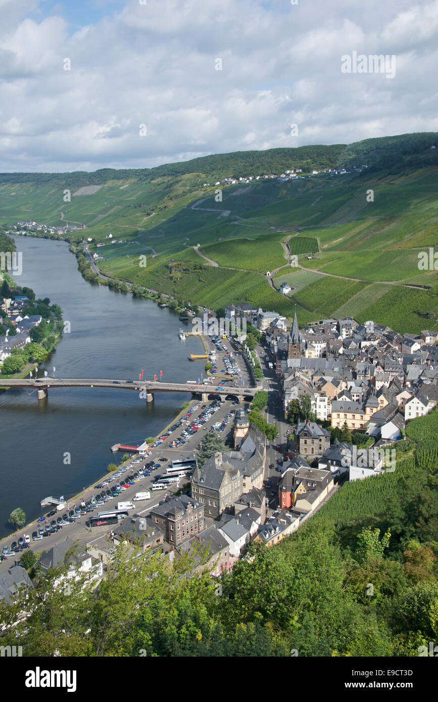Aerial view Moselle River vineyards and old town Bernkastel-Kues Moselle Valley Germany Stock Photo