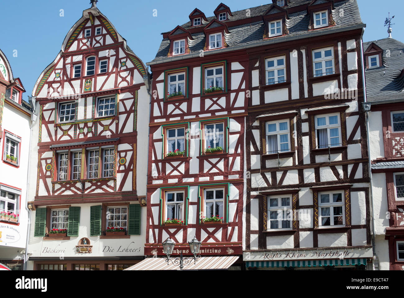 Half timbered facades Marktplatz Bernkastel-Kues Moselle Valley Germany Stock Photo