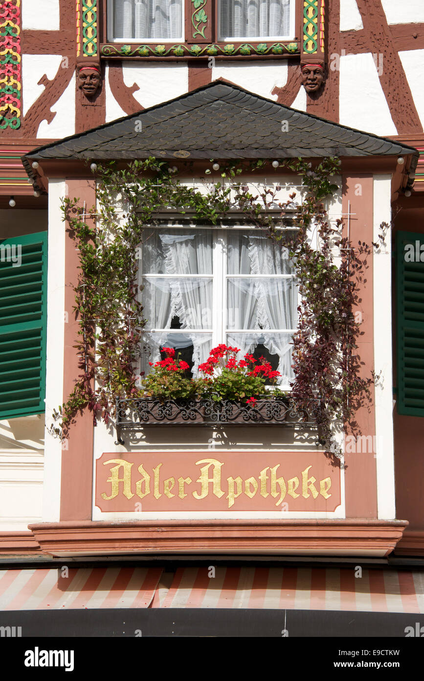 Pretty window above chemist shop Marktplatz Bernkastel-Kues Moselle Valley Germany Stock Photo