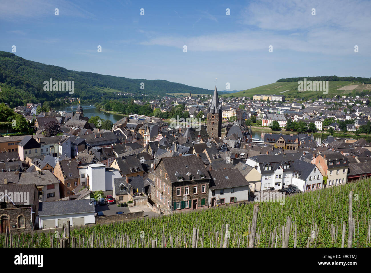 Town of Bernkastel-Kues with vineyard in foreground Moselle Valley Germany Stock Photo