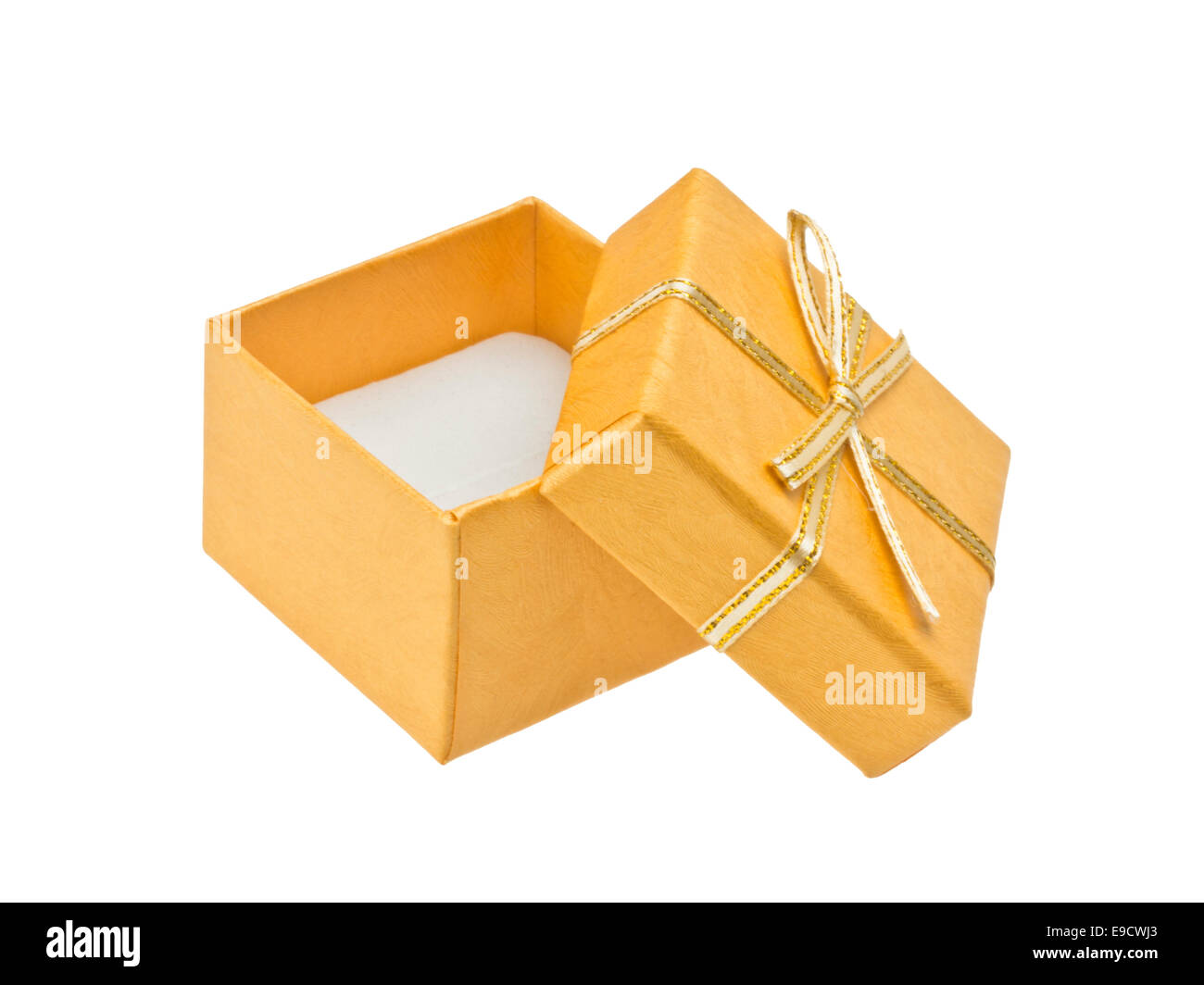 Yellow gift box with ribbon isolated on white background Stock Photo
