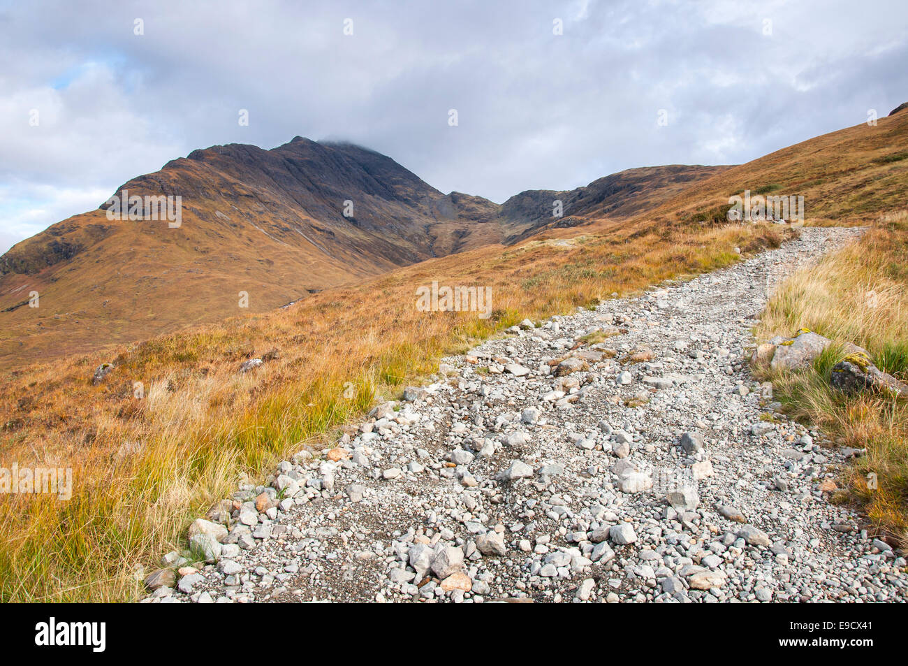 Path to Camasunary, a remote location near Elgol on the Isle of Skye. Autumn colours in the moorland landscape. Stock Photo