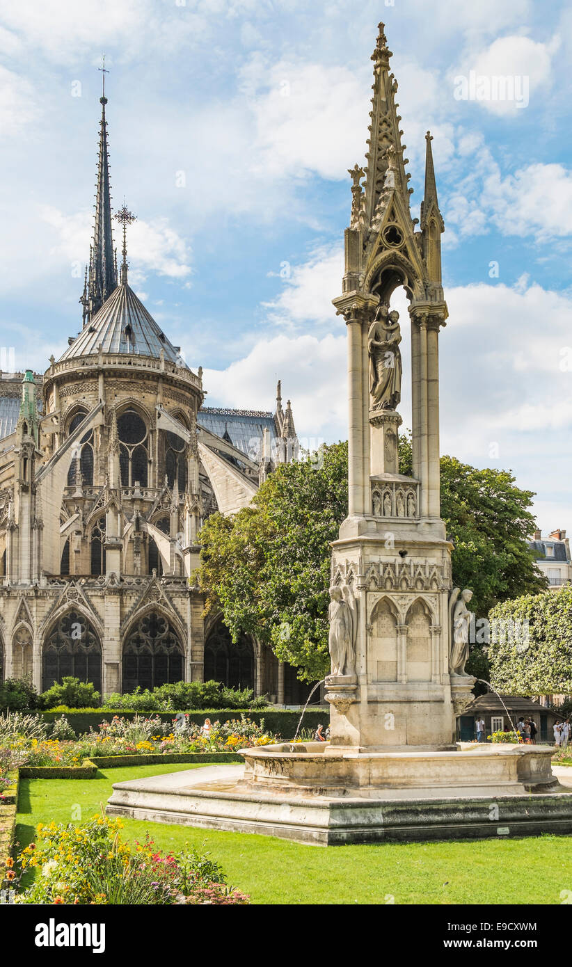 view from jean XXIII square towards the eastern facade of notre dame cathedral, paris, ile de france, france Stock Photo
