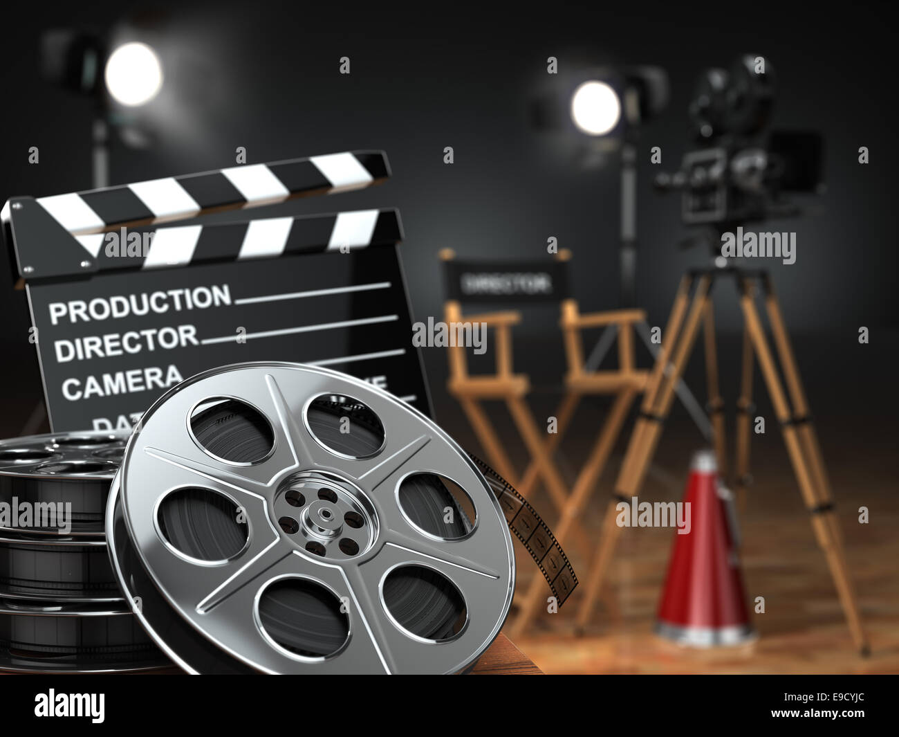 Video, movie, cinema concept. Retro camera, reels, clapperboard and