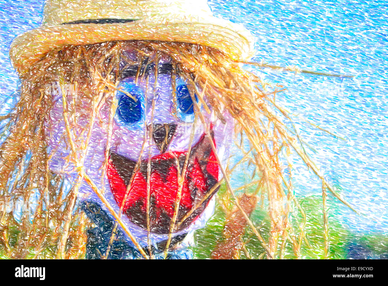 A close up view of the face of a Halloween scarecrow. Digital color pencil drawing. Stock Photo