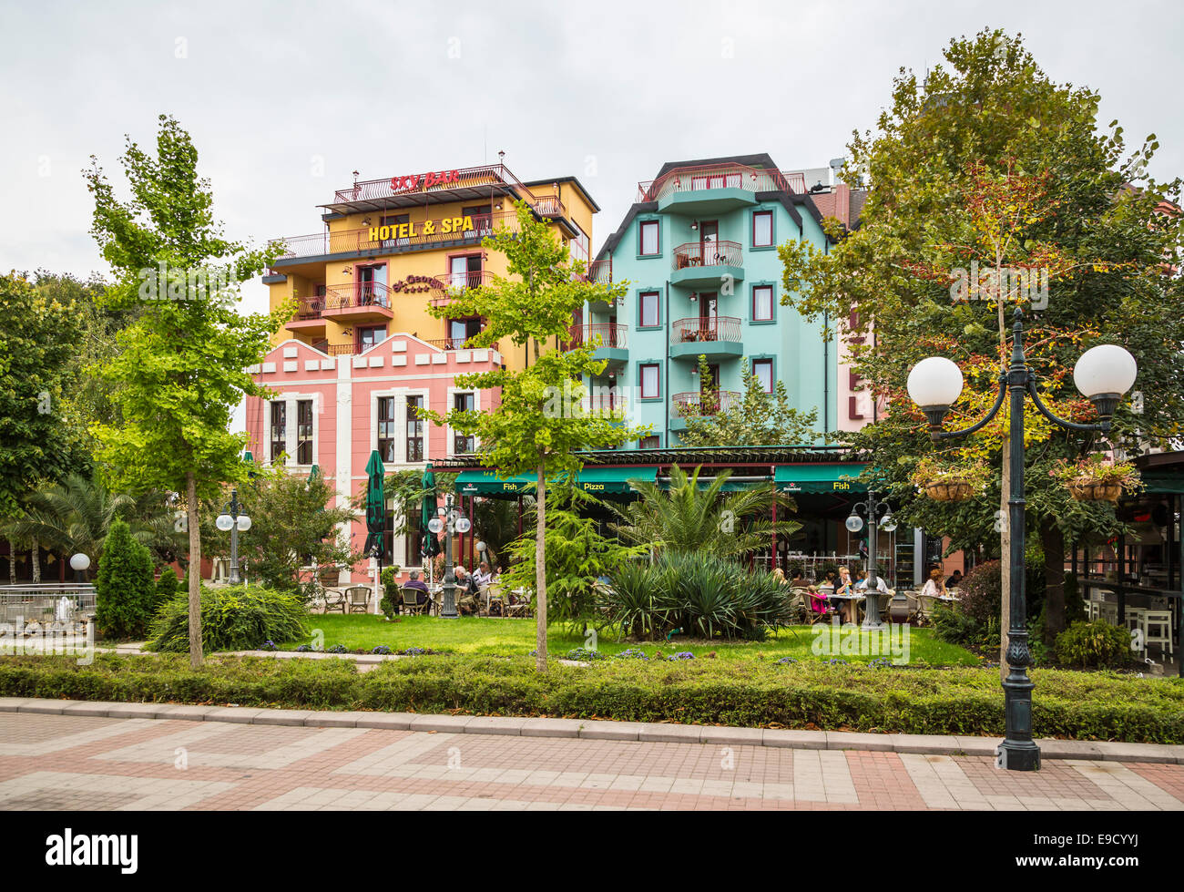Colorful apartment buildings in downtown Pomorie, Bulgaria, Europe