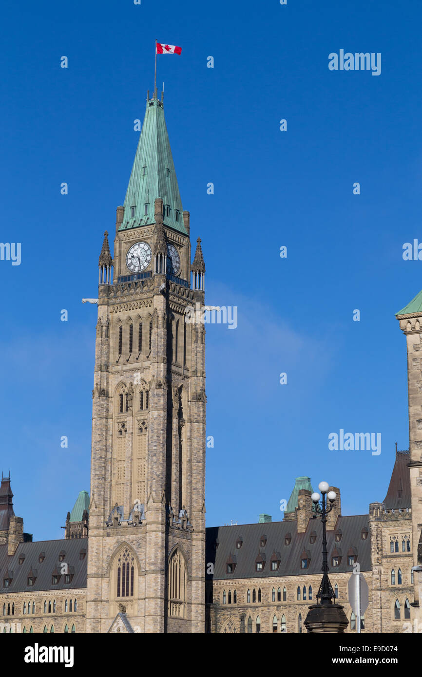 Closeup to the Ottawa Parliament Clock Tower with copy space Stock