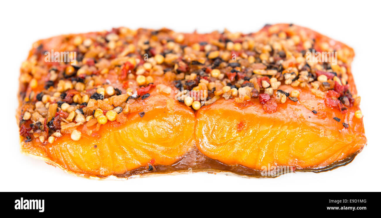 Smoked Salmon marinated with spices isolated on pure white background