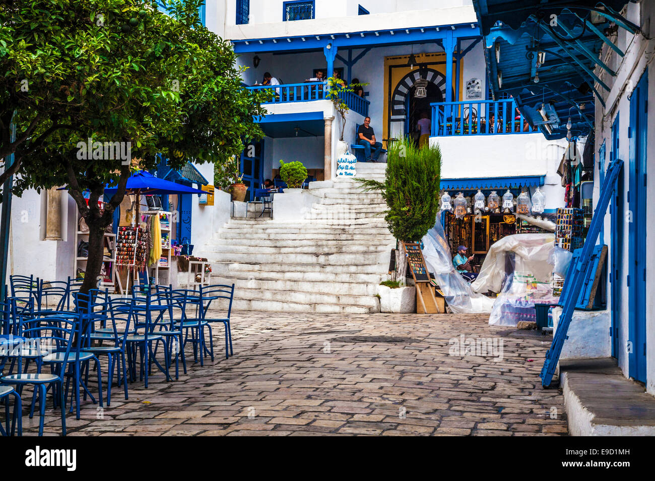 The main street leading to the famous Cafe des Nattes in Sidi Bou Said, Tunisia. Stock Photo