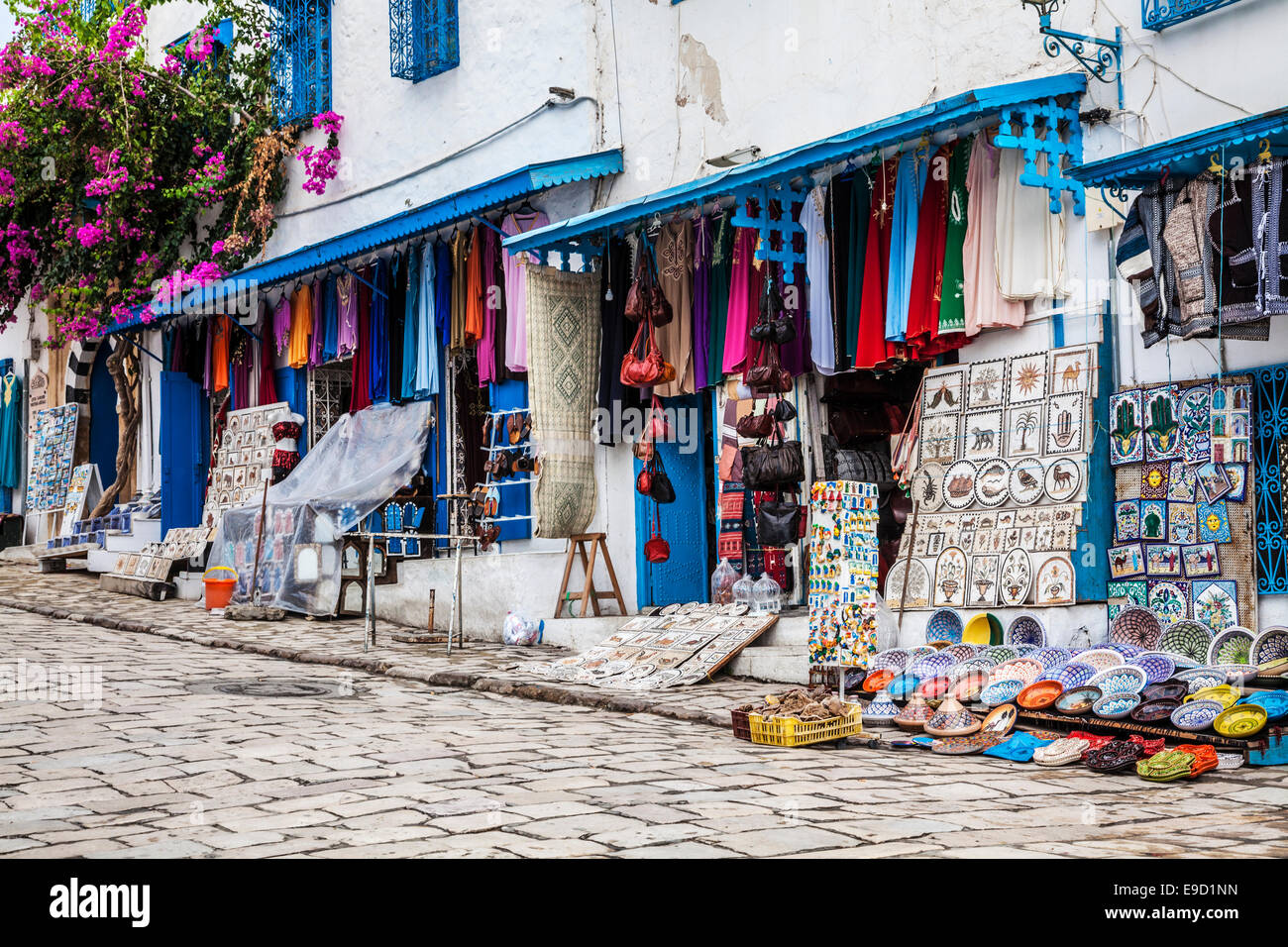Traditional Tunisian souvenirs along the main street in Sidi Bou Said, Tunisia. Stock Photo