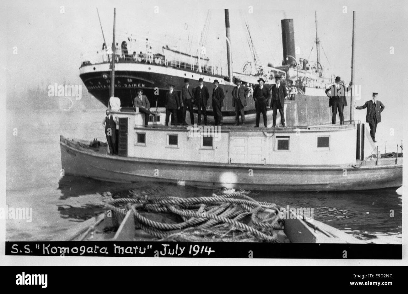A photograph depicting the Komagata Maru incident, which took place in 1914, showing the Japanese ship *Komagata Maru* and the South Asian passengers who were denied entry to Canada. This historical event represents a significant moment in the history of immigration and racial discrimination in Canada. Stock Photo