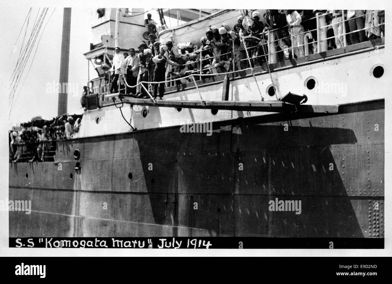 The photograph depicts the Komagata Maru incident, which took place in 1914 when a ship carrying Indian passengers was denied entry into Canada. This event became a significant part of Canadian history regarding immigration policies. Stock Photo
