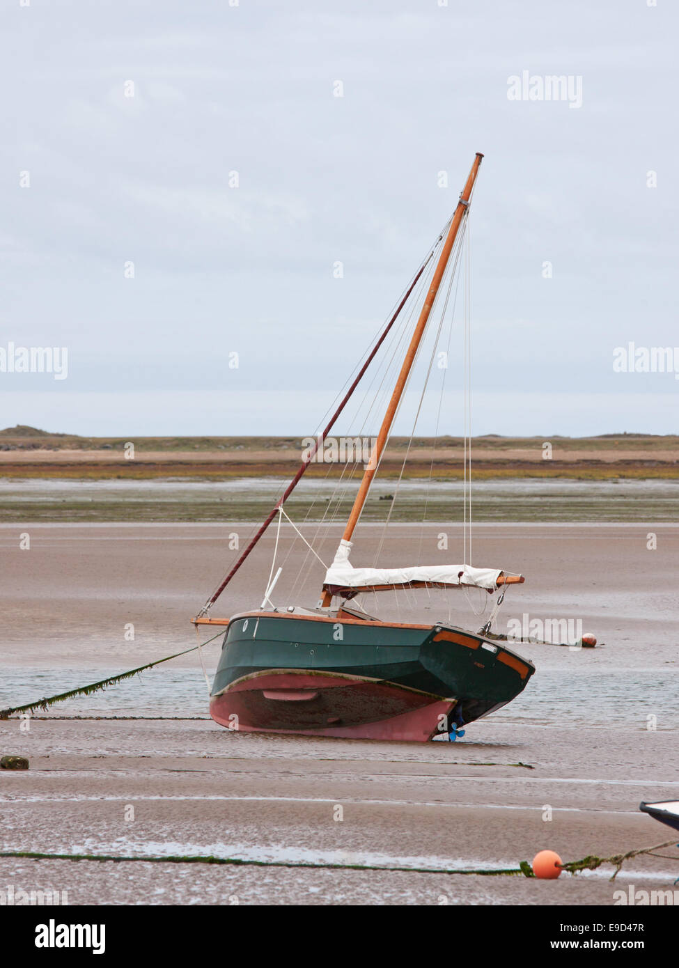 Sail boat marooned at low tide on the bed of the river Torridge at ...