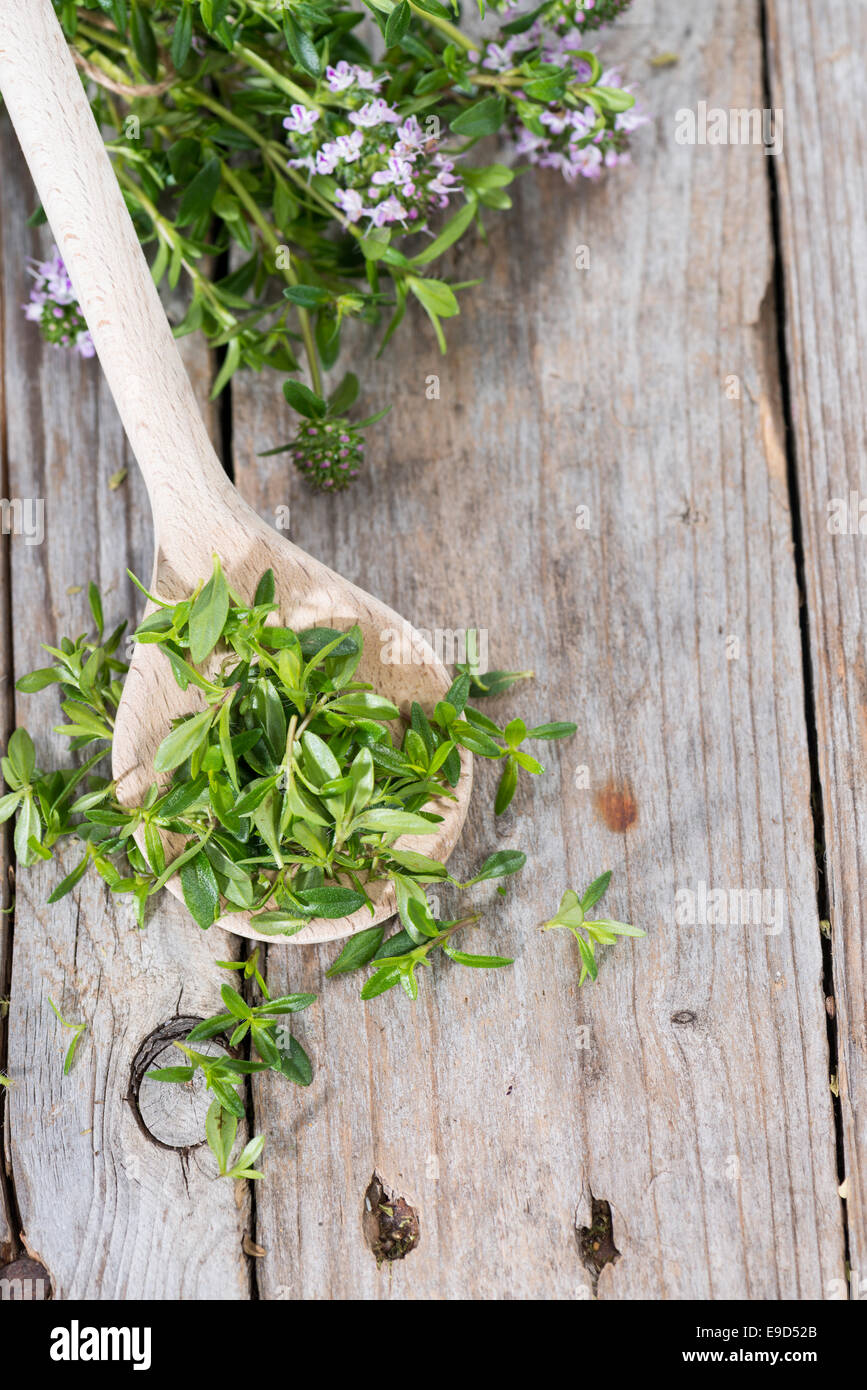 Portion of fresh Winter Savory (close-up shot) on a cooking spoon Stock Photo