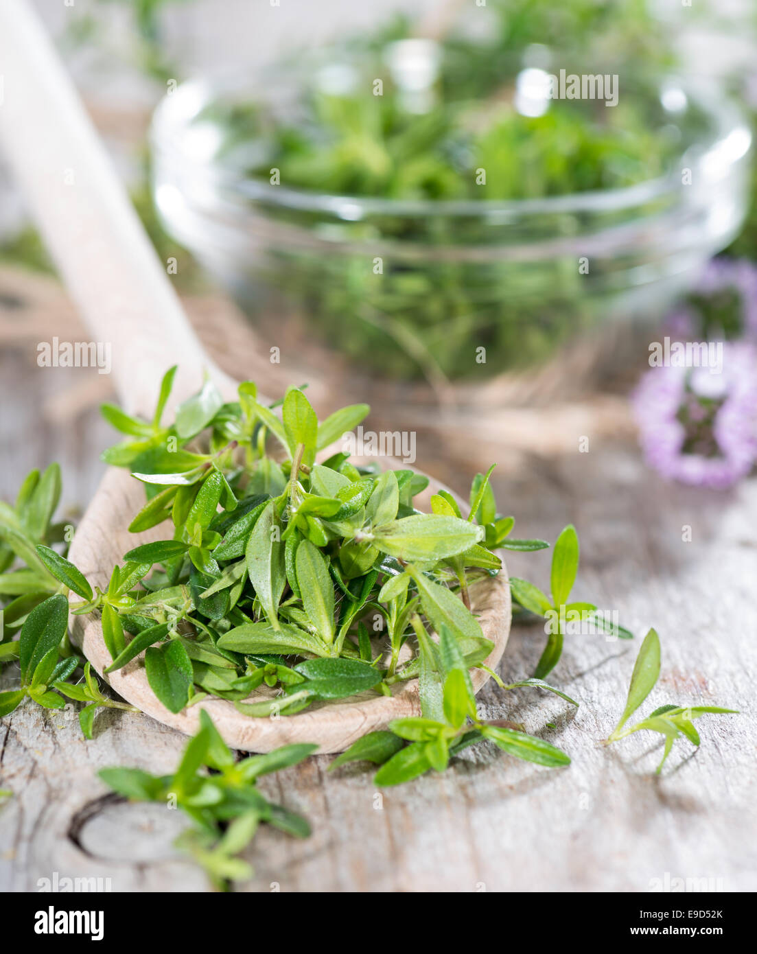 Small heap of Winter Savory (detailed close-up shot) Stock Photo